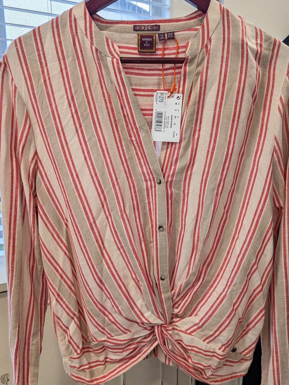 Superdry Red and Cream Striped Twist-Front Blouse
